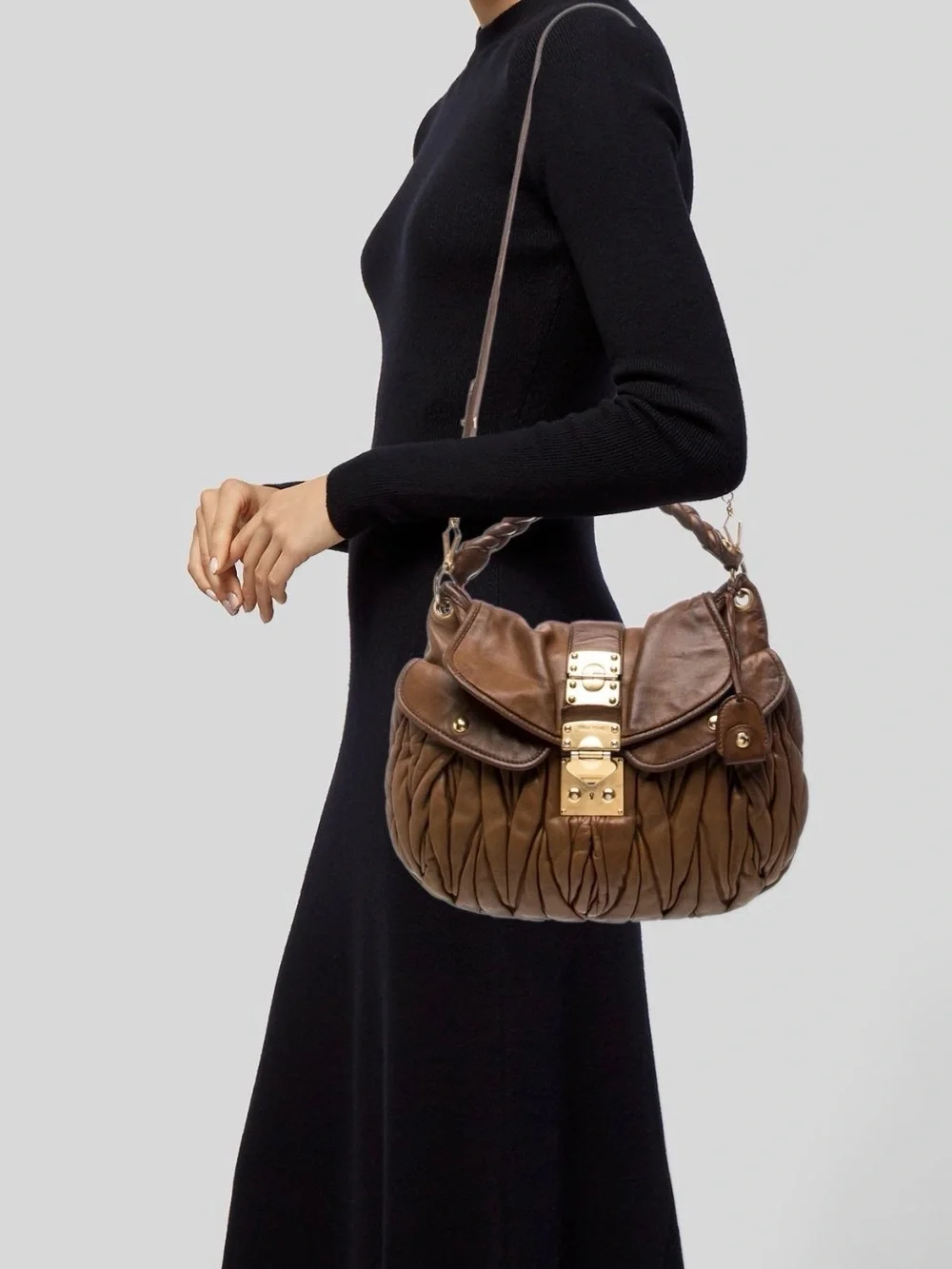 Miu Miu Cognac Braided-Handle Hobo with Gold Hardware